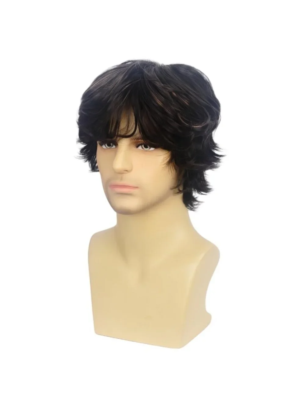 Men's Brown Short Layered Fluffy Natural Wavy Shag Bangs Wig For Cosplay Style